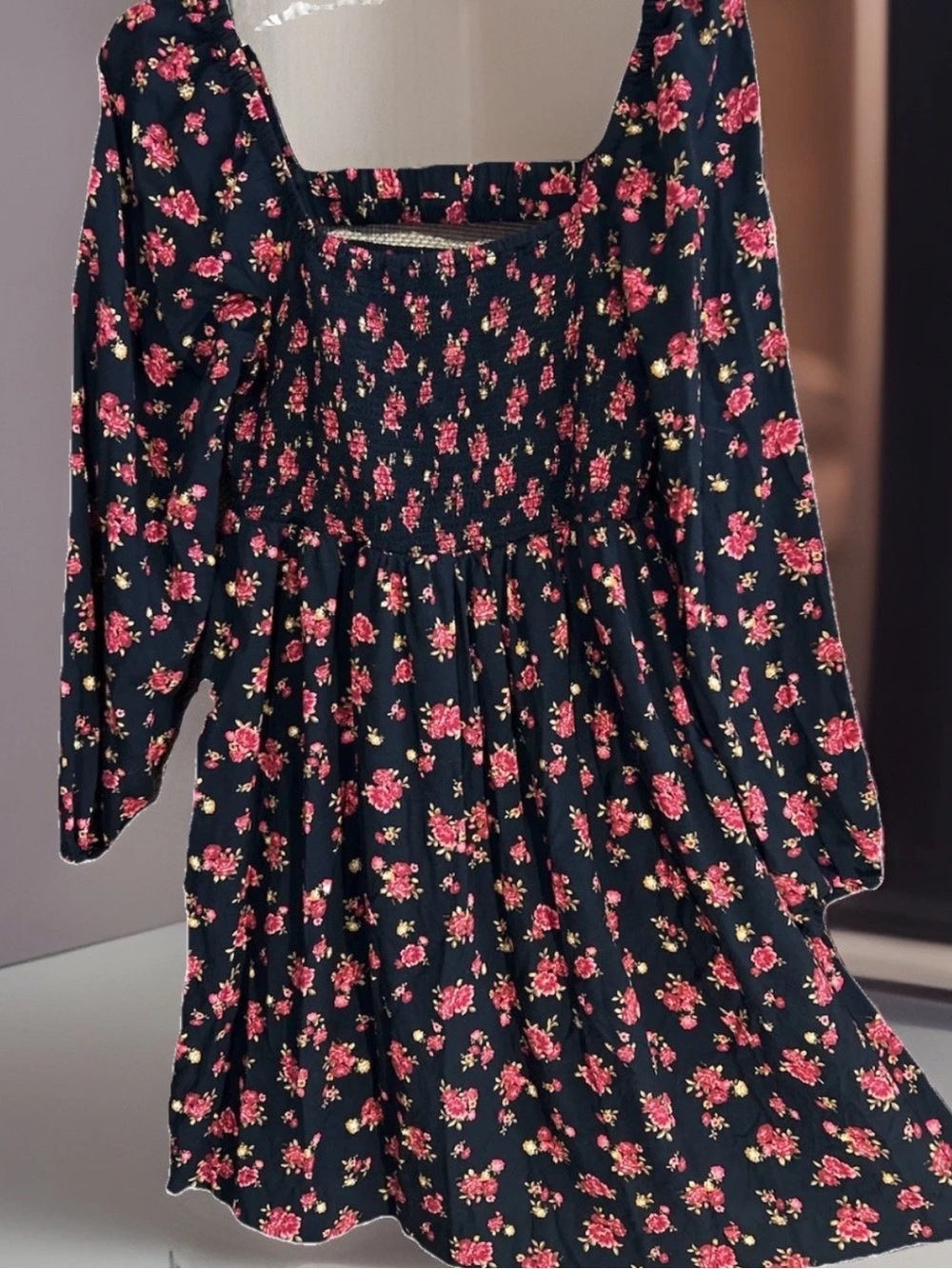Old Navy Dress M Black Smocked Bodice Calico Floral Off Shoulder Whimsygoth